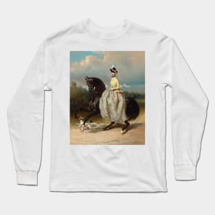 Woman In Marie Antoinette Costume On A Prancing Horse by Alfred de Dreux Long Sleeve T-Shirt